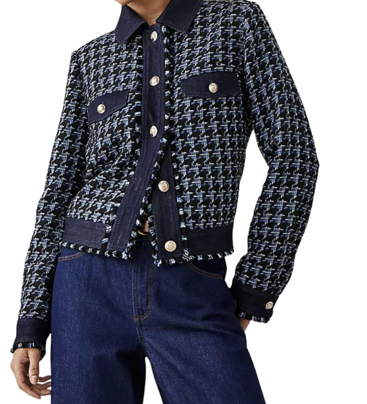 Houndstooth Fringe Tweed Denim Jacket